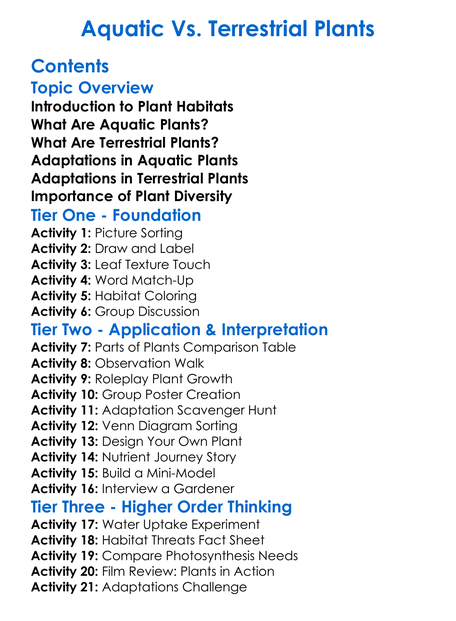 Aquatic Vs Terrestrial Plants Worksheet Activity Booklet