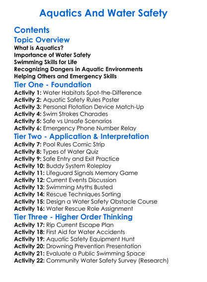 Aquatics And Water Safety Worksheet Activity Booklet