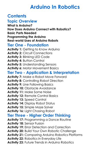 Arduino In Robotics Worksheet Activity Booklet