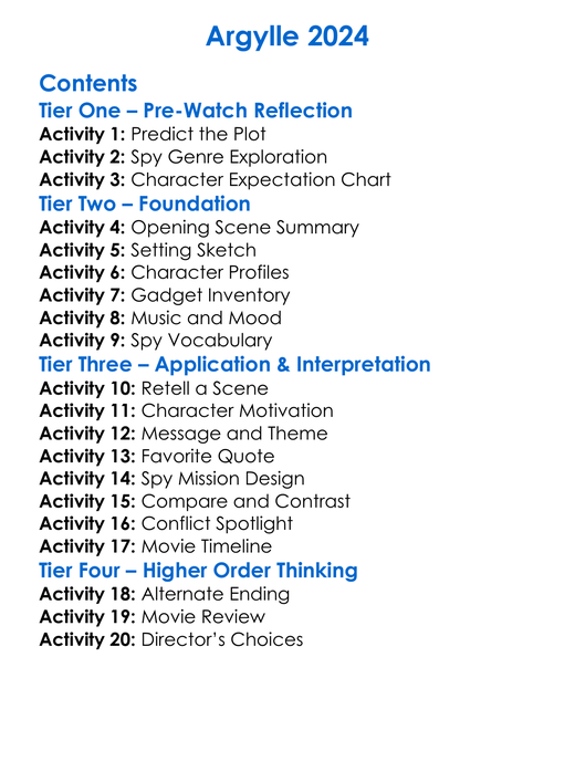 Argylle 2024 Worksheet Activity Booklet