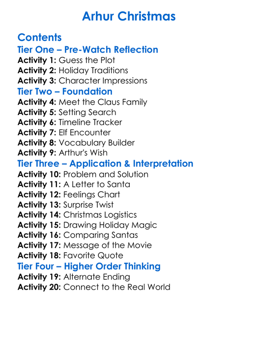 Arhur Christmas Worksheet Activity Booklet