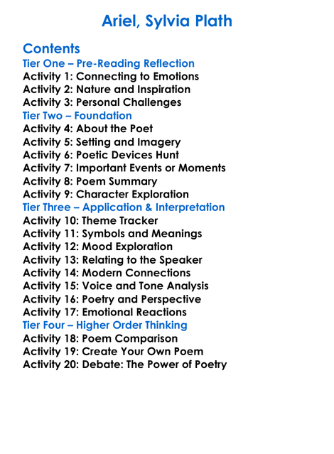 Ariel Sylvia Plath Worksheet Activity Booklet