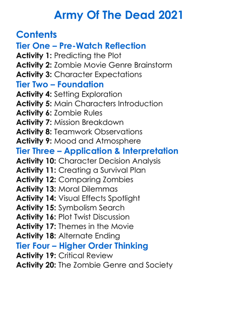 Army Of The Dead 2021 Worksheet Activity Booklet