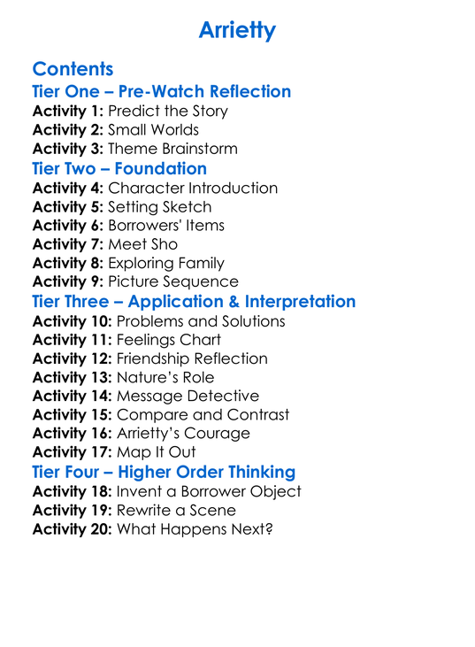 Arrietty Worksheet Activity Booklet