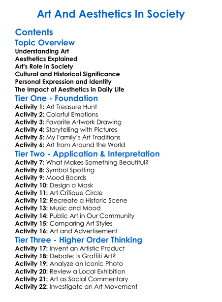 Art And Aesthetics In Society Worksheet Activity Booklet