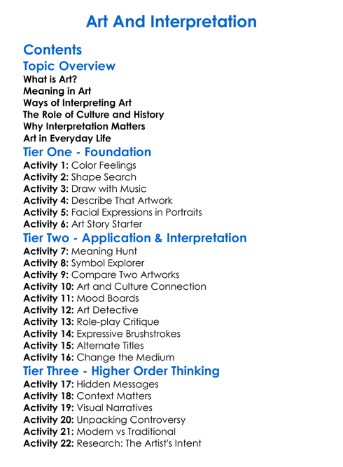 Art And Interpretation Worksheet Activity Booklet
