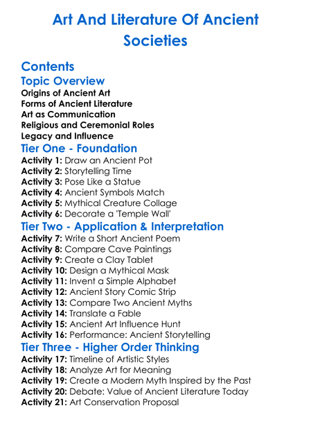 Art And Literature Of Ancient Societies Worksheet Activity Booklet