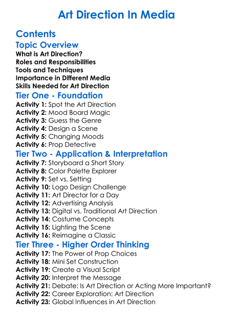 Art Direction In Media Worksheet Activity Booklet