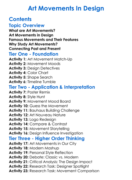 Art Movements In Design Worksheet Activity Booklet
