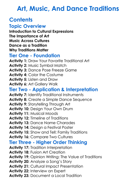 Art Music And Dance Traditions Worksheet Activity Booklet