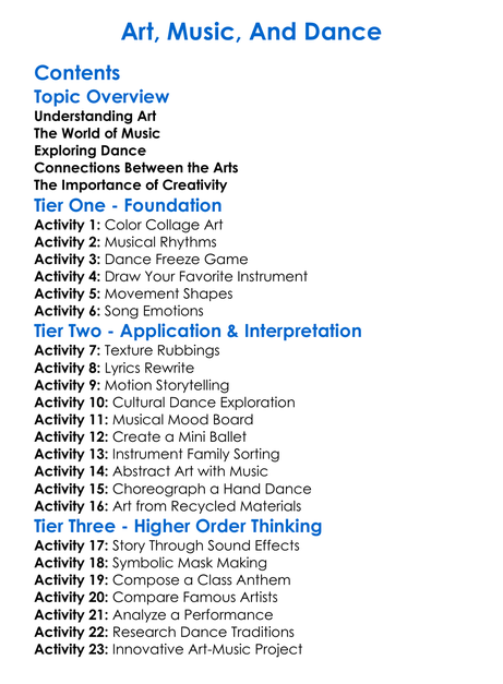 Art Music And Dance Worksheet Activity Booklet