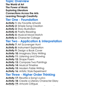 Art Music And Literature Worksheet Activity Booklet