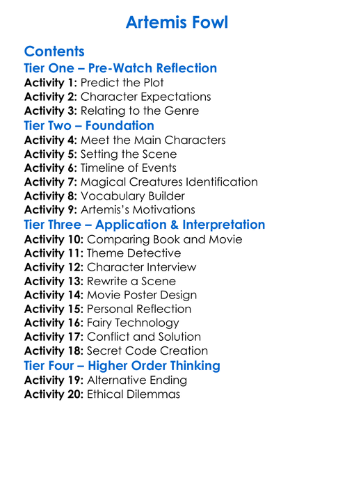 Artemis Fowl Worksheet Activity Booklet