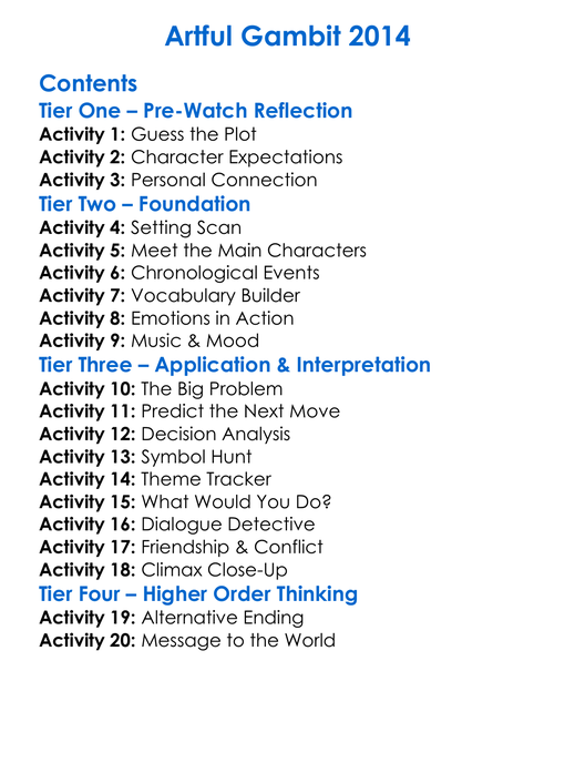 Artful Gambit 2014 Worksheet Activity Booklet