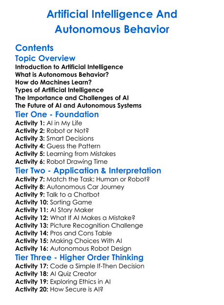 Artificial Intelligence And Autonomous Behavior Worksheet Activity Booklet