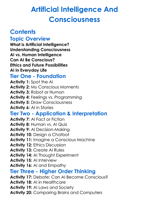 Artificial Intelligence And Consciousness Worksheet Activity Booklet