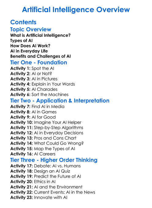 Artificial Intelligence Overview Worksheet Activity Booklet