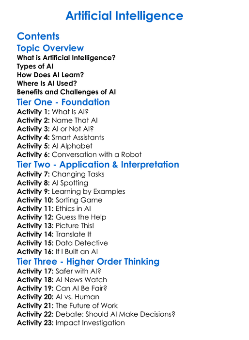 Artificial Intelligence Worksheet Activity Booklet
