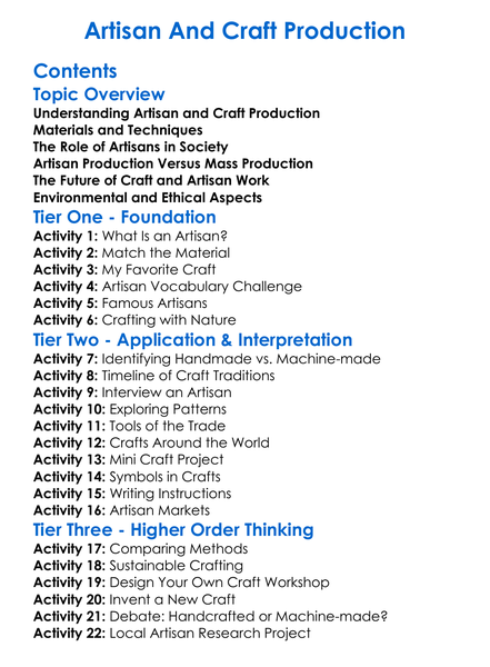 Artisan And Craft Production Worksheet Activity Booklet