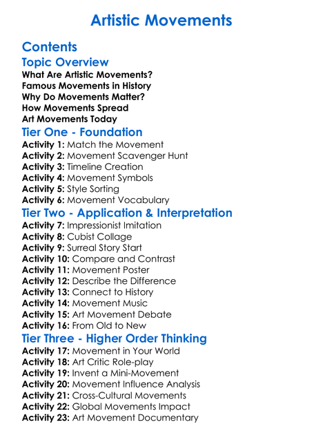 Artistic Movements Worksheet Activity Booklet