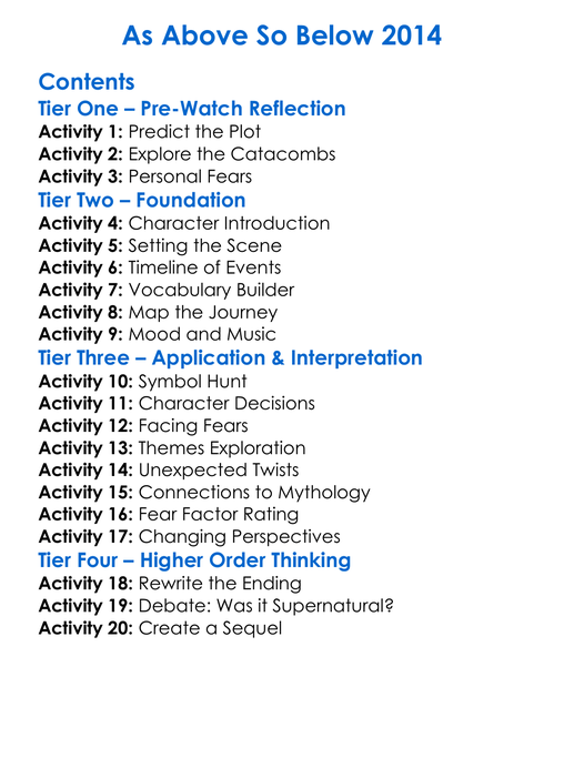 As Above So Below 2014 Worksheet Activity Booklet