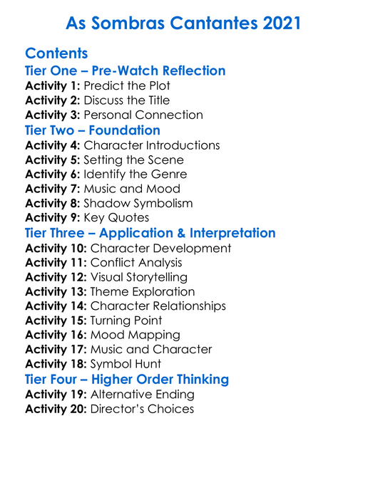 As Sombras Cantantes 2021 Worksheet Activity Booklet