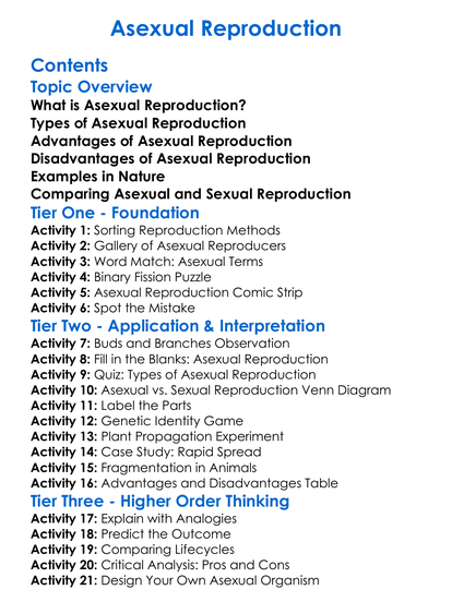 Asexual Reproduction Worksheet Activity Booklet
