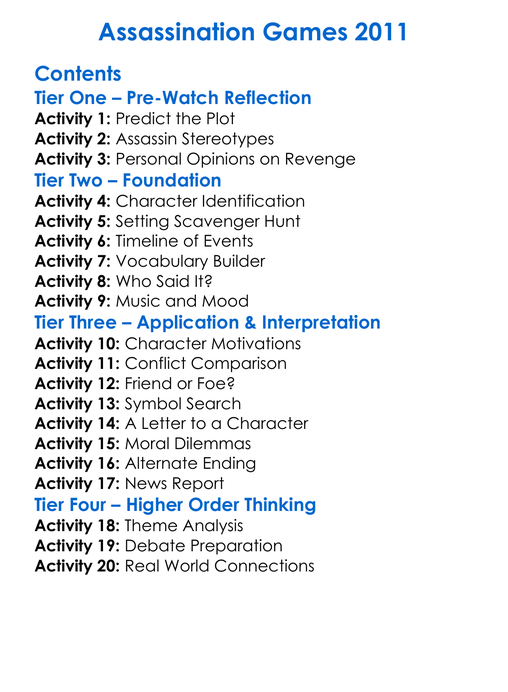 Assassination Games 2011 Worksheet Activity Booklet