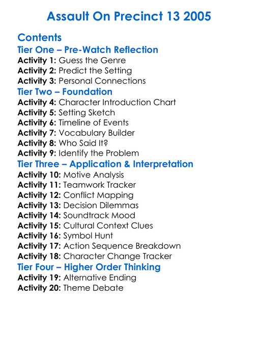 Assault On Precinct 13 2005 Worksheet Activity Booklet