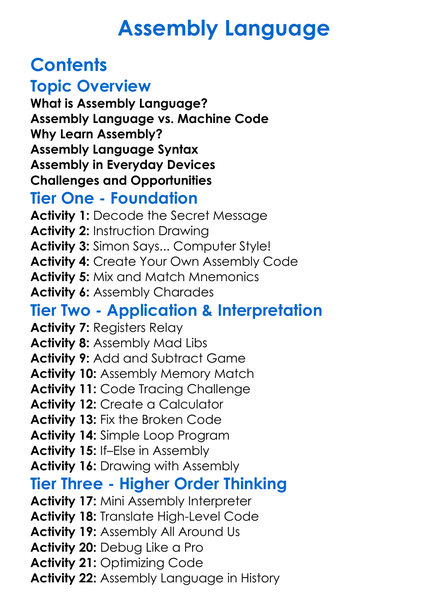 Assembly Language Worksheet Activity Booklet