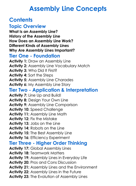 Assembly Line Concepts Worksheet Activity Booklet