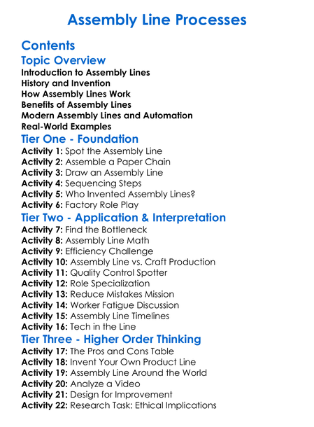 Assembly Line Processes Worksheet Activity Booklet