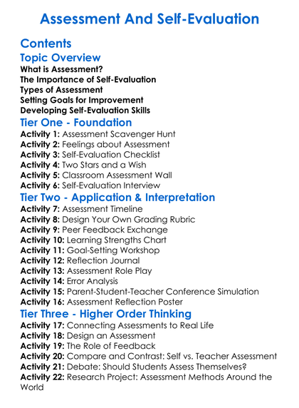Assessment And Self-Evaluation Worksheet Activity Booklet
