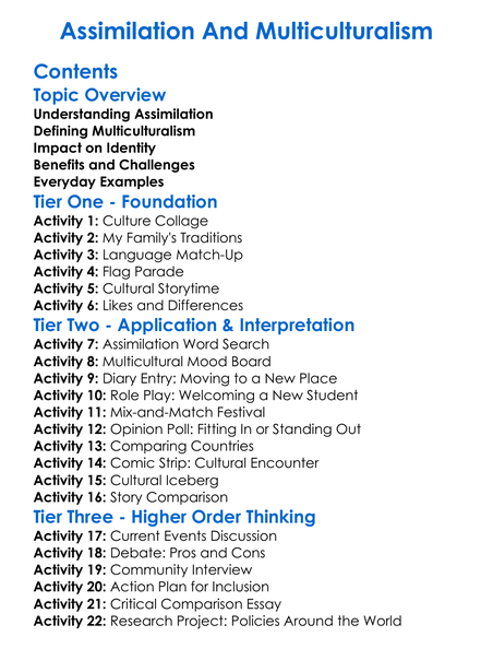 Assimilation And Multiculturalism Worksheet Activity Booklet
