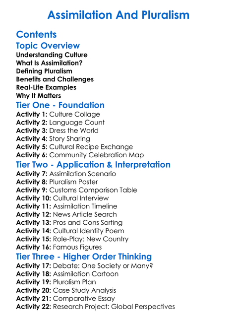 Assimilation And Pluralism Worksheet Activity Booklet
