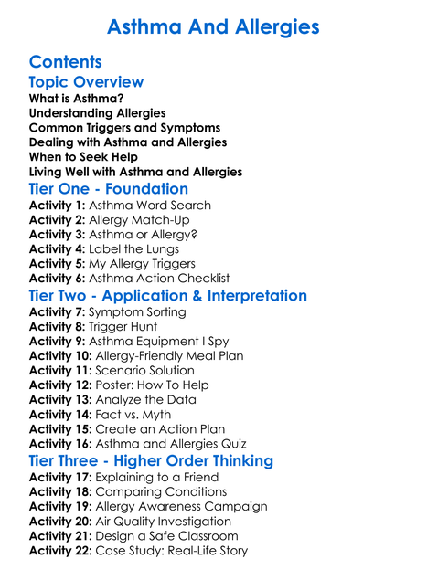 Asthma And Allergies Worksheet Activity Booklet