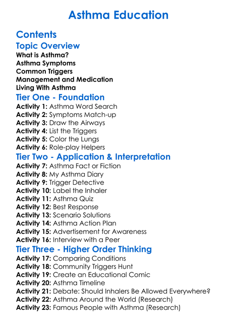 Asthma Education Worksheet Activity Booklet