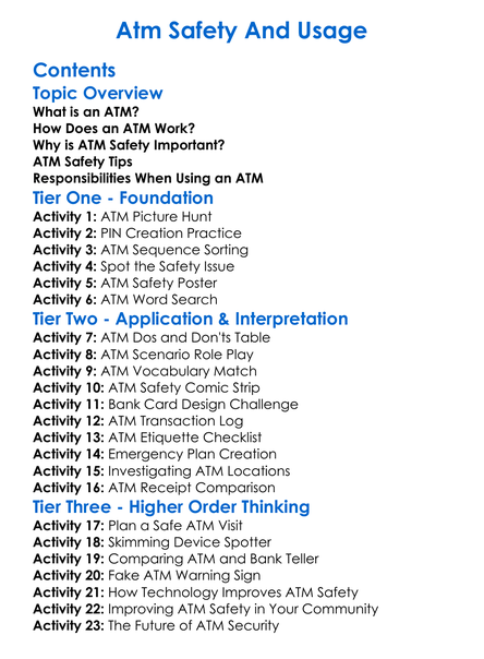 Atm Safety And Usage Worksheet Activity Booklet