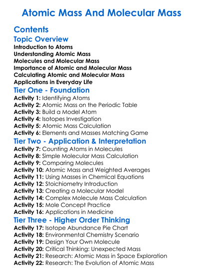 Atomic Mass And Molecular Mass Worksheet Activity Booklet