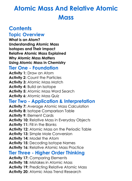 Atomic Mass And Relative Atomic Mass Worksheet Activity Booklet