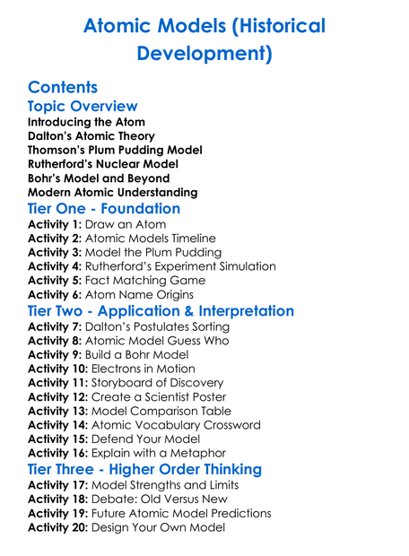 Atomic Models Historical Development Worksheet Activity Booklet
