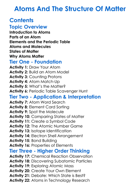 Atoms And The Structure Of Matter Worksheet Activity Booklet