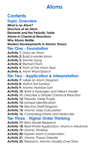 Atoms Worksheet Activity Booklet