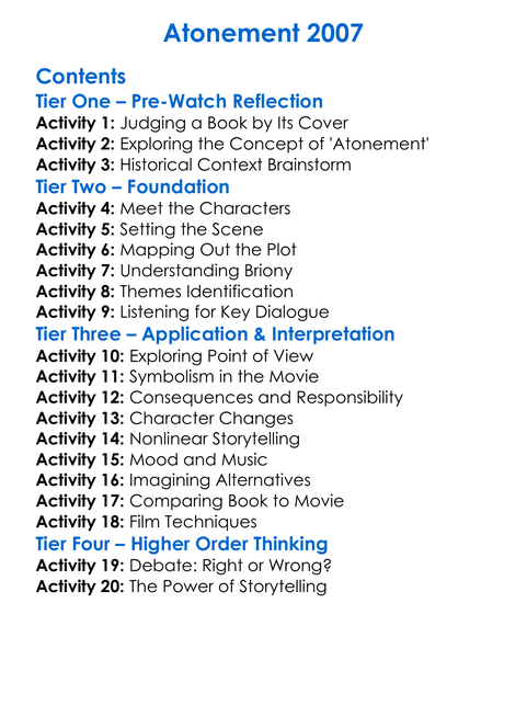Atonement 2007 Worksheet Activity Booklet