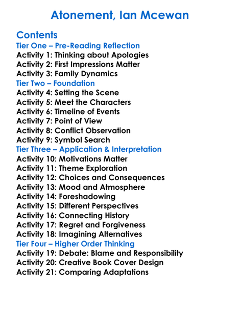 Atonement Ian Mcewan Worksheet Activity Booklet
