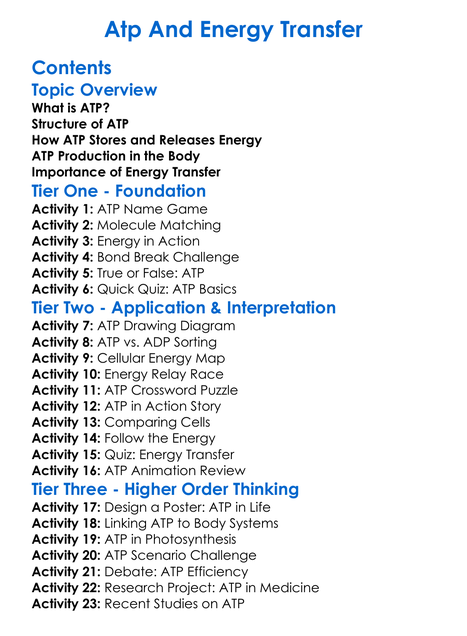 Atp And Energy Transfer Worksheet Activity Booklet