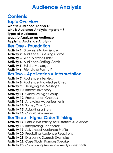 Audience Analysis Worksheet Activity Booklet