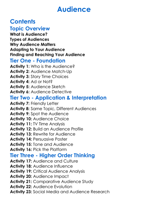 Audience Worksheet Activity Booklet