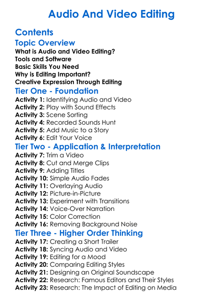 Audio And Video Editing Worksheet Activity Booklet
