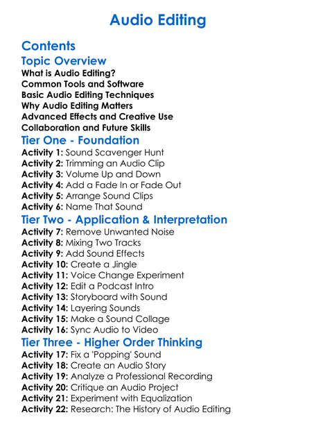 Audio Editing Worksheet Activity Booklet